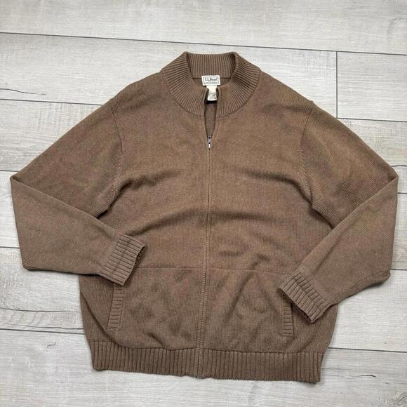 L.L.Bean Men’s Full Zip Sweater Jacket Tan Size L 100% Cotton Knit Shawl Collar - Picture 1 of 8